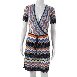 Missoni Women Wrap Dress Multicolor Short Sleeve V Neck Chevron Size 2